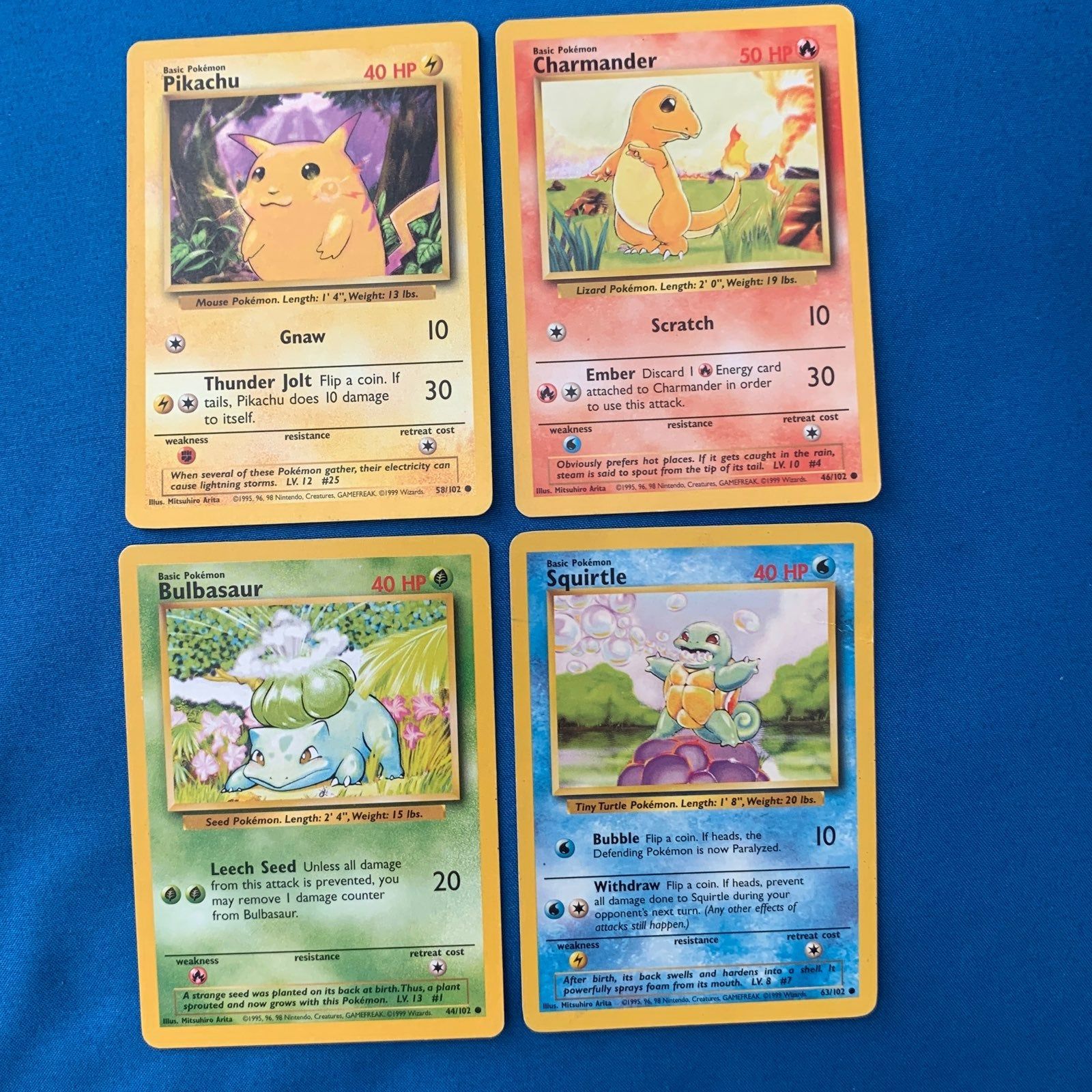 Pikachu, Charmander, Bulbasaur, and Squirtle Pokémon cards, good ...
