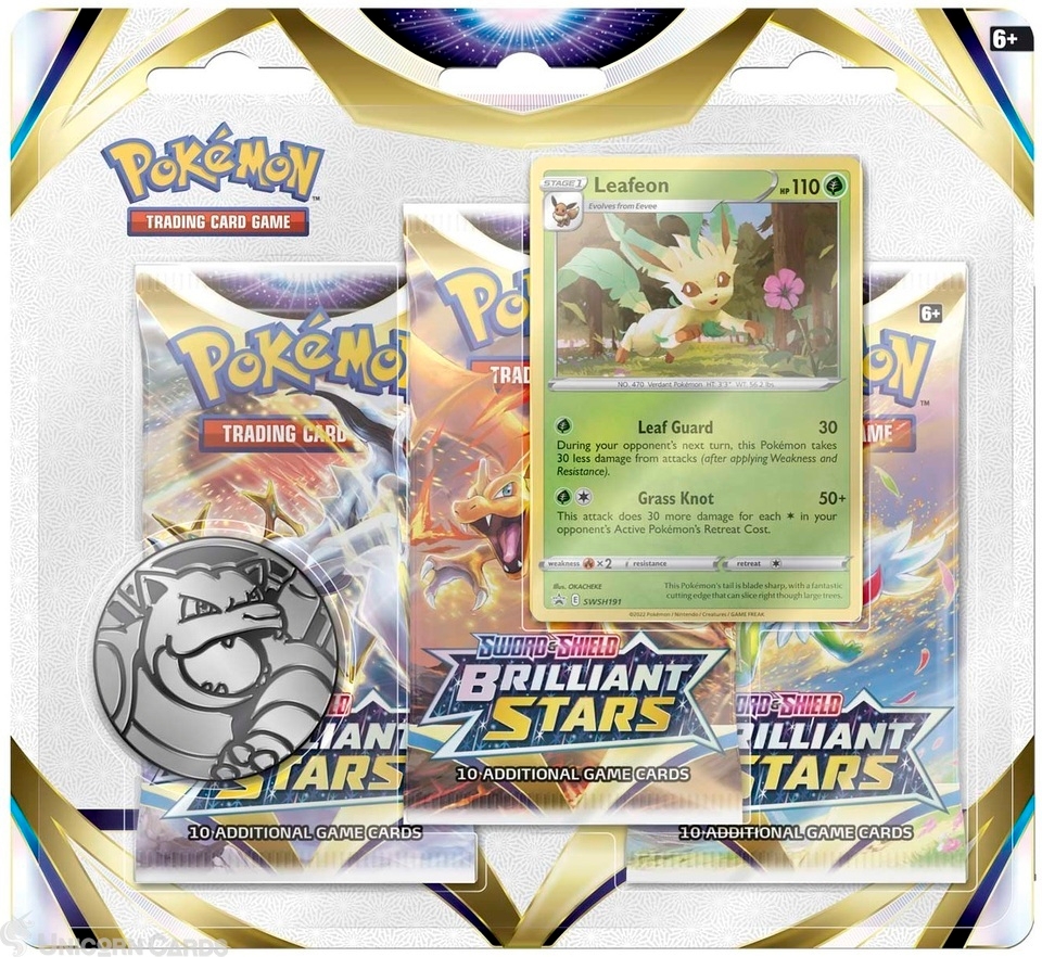 Pokemon TCG: Brilliant Stars Blister Pack: Leafeon Card + 3 Boosters ...